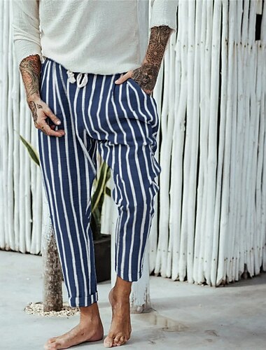  Herren Hose Hosen Sommerhosen Strandhose Tasche Kordelzug Elastische Taille Streifen Komfort Atmungsaktiv Casual Täglich Festtage Modisch Klassicher Stil Marineblau Blau