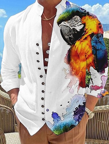  Herren Papagei Hemd Hawaiihemd Sommerhemd Aloha-Shirt Langarm Hemd Ständer Modisch Designer Brautkleider schlicht Outdoor Urlaub Strasse Weiß Gelb Rote S M L