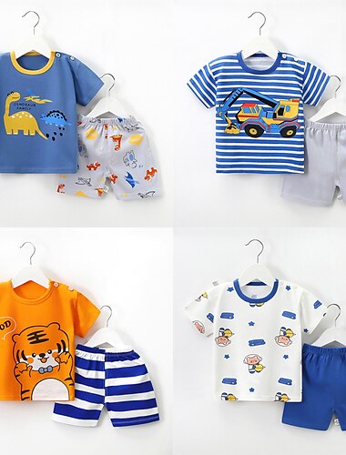  2 delar Småbarn Pojkar T-shirt och shorts Utrusta Tecknat Björn Rand Kortärmad Bomull Uppsättning Utomhus Mode Dagligen Sommar Vår 3-7 år B73 B55 B64
