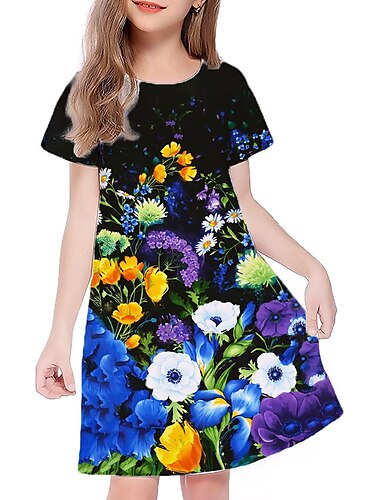  kinderkleidung Mädchen Kleid Graphic Blumen Kurzarm Outdoor Casual Modisch Kuschelig Täglich Polyester Übers Knie Casual kleid A Linie Kleid Sommerkleid Sommer Frühling 3-12 Jahre Mehrfarbig Schwarz