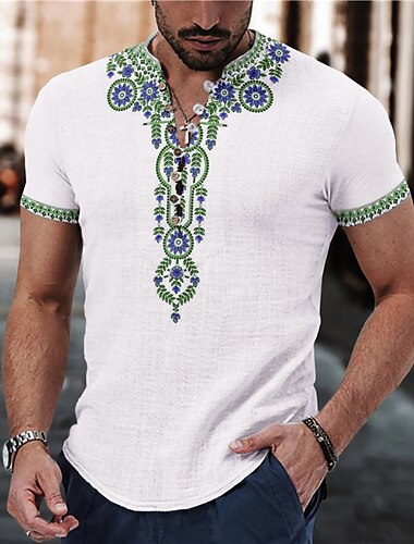  Herren Blumen Ethnisch Hemd leinenhemd Knopfhemd Kurzarm Modisch Strassenmode Designer Outdoor Casual Täglich Frühling Sommer Ständer Bedruckt Gelb Rote Blau Grün Grau