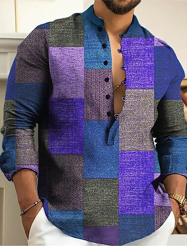  Voor heren Kleurenblok Geometrisch patroon Geometrie Overhemd Overhemd met knopen Lange mouw Modieus Streetwear Ontwerper Casual Uitgaan Zomer Lente Herfst Opstaand Afdrukken Geel blauw Paars Grijs