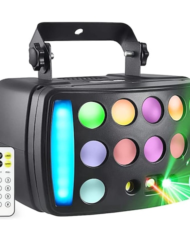  Luces de fiesta para interiores, luces de discoteca para DJ, escenario 4 en 1 con haz Derby RGBW, luz LED con patrón rojo y verde, luz estroboscópica y marquesina dinámica, control remoto y DMX, ideal para discotecas, fiestas, iluminación de escenarios de