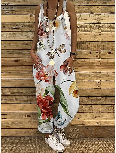  Damen Normal Latzhose Strassenmode Blumen Spaghettiträger Tank-Kleider Bootcut Rundhalsausschnitt Urlaub Heim Lockere Passform Weiß Rote Blau Sommer
