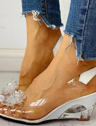  sandales compensées transparentes pour femmes avec décoration florale en strass – chaussures élégantes à bout ouvert pour l'été, les fêtes et les occasions spéciales