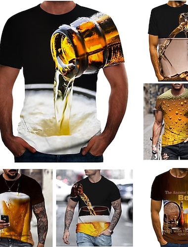  Homens Camisa Social Camiseta Gráfico 3D Cerveja Decote Redondo Cinzento Escuro A B C D Tamanho Grande Para Noite Final de semana Manga Curta Roupa Básico