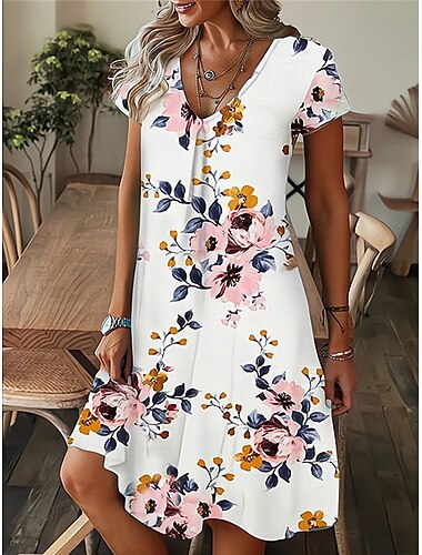 Damen Mini Kleid Petite Kleid T-Shirt Kleid Tee Kleid Shift Kleid Sommer Kleid Bohemia Mode Basic Outdoor Urlaub Party Reguläre Passform Tropisch Kurzarm V-Ausschnitt Schwarz Weiß Gelb