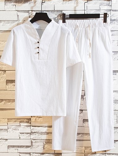  Hombre Camisa Camisa de lino de algodón 2 Piezas Conjunto de camisa Camisa de verano Camisa de playa Plano Casual Diario Negro Blanco Azul Marino Caqui Manga Corta Escote en Pico Verano Ropa