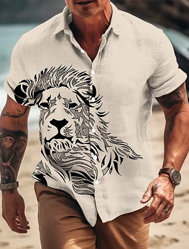  Herren Tier Löwe Hemd Knopfhemd Kurzarm Modisch Designer Brautkleider schlicht Outdoor Casual Sommer Frühling Umlegekragen Bedruckt Blau Braun Khaki Grau