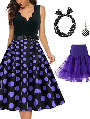  Retro Vintage 1950er Rockabilly Reifrock Krinoline A-Linie Kleid Tutu Tupfen Damen Königstag Party / Abend Maskerade Junggesellinnenabschiedsparty Erwachsene Kleid Ohrringe Kopfbedeckung Frühling