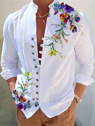  Herr Mörk Skjorta Aloha skjorta Långärmad Mode Designer Ledigt Semester Dagligen Utekväll Höst Vår & sommar Hög krage Mönster Svart Gul Svart / Röd Armégrön Rubinrött