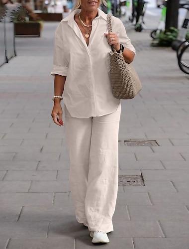  Mujer Camisa Conjuntos de pantalones Tops largos de algodón Top de algodón blanco Color sólido Casual Diario Elegante Moda Básico Manga Larga Cuello Camisero Rosa Otoño invierno