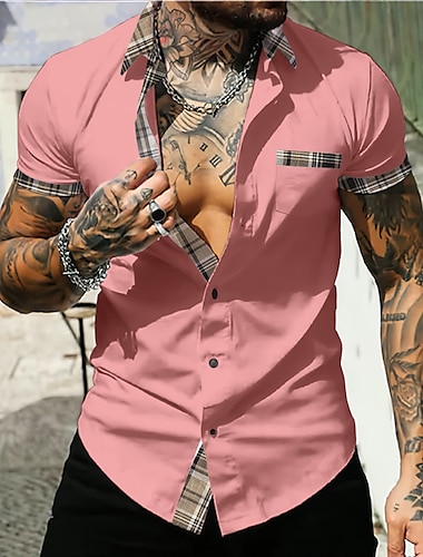  男性用 シャツ ボタンアップシャツ カジュアルシャツ サマーシャツ ホワイト ピンク アーミーグリーン グレー 半袖 カラーブロック ラペル 日常 バケーション フロントポケット 衣類 ファッション カジュアル 快適
