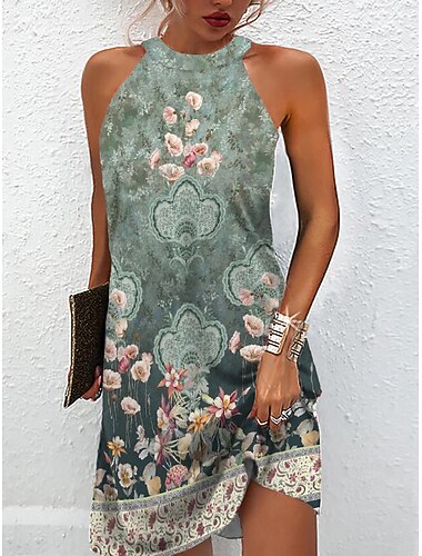  Kvinnors Mini Klänning Petite Klänning Sommarklänning Halterneck Klänning Aktiv Mode Streetwear Utomhus Semester Daglig Regular Passform Blommig Ärmlös Halterneck Ljus Grön Kunglig Blå
