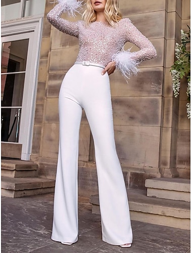  Women‘s Jumpsuit High Waist Feather Sparkly Solid Color Crew Neck Streetwear Wedding Party Regular Fit Long Sleeve White Pink Blue S M L Summer