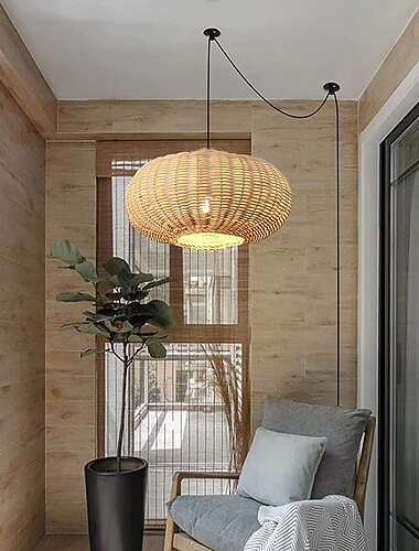  Conecte a luz pendente, lâmpada suspensa de bambu, iluminação pendente com cabo ajustável de 137 "interruptor liga / desliga, polia ajustável, luminária de parede, luz suspensa para cozinha, quarto,