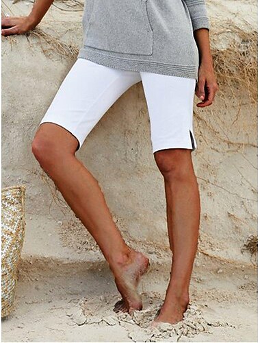  Dam caprishorts Burmuda Shorts Beskurna byxor Mode Ledigt Komfort Knelängd Medium Midja Slät Delad Magkontroll Rumplyft Komfort Elastisk Semester Gata Strand Svart Vit Smal