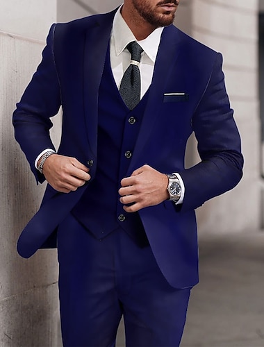  Costumes de mariage pour hommes, bleu royal, bleu ciel, violet, 3 pièces, couleur unie, coupe standard, simple boutonnage, un bouton, 2024