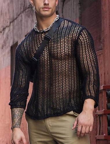  Herren T Shirt Strick-T-Shirt T-Shirt Langarmshirt Langarm Rundhalsausschnitt Sommer Einfach Mode Designer Basic Netz Gestrickt Urlaub Straße Ausgehen Schwarz Weiß Top T-Shirt für Herren