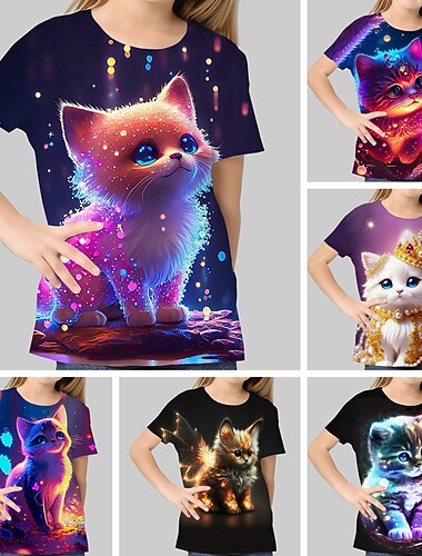  Barn Flickor T-shirt Grafisk Utomhus 3D-tryck Kortärmad Crewneck Aktiv 7-13 år Sommar Silver Svart Vit