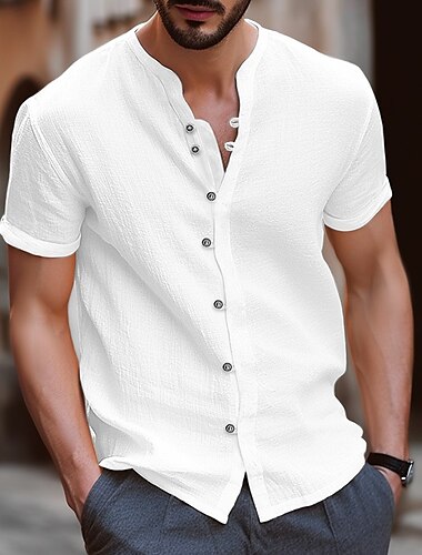  Herren Hemd Leinenhemd Stehkragenhemd Sommerhemd Strandbekleidung Knopfhemd Einfach Urlaub Lässig Schwarz Weiß Blau Khaki Kurzarm Stehkragen Sommer Bekleidung