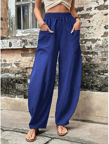  Damen Leinenhose Karottenhose Hosen Hose Modisch Basic Brautkleider schlicht In voller Länge Glatt Seitentaschen Ausgebeult Komfort Mikro-elastisch Urlaub Strasse Casual Schwarz Rote Marineblau Blau