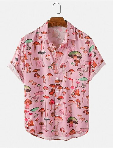  Voor heren Paddenstoel Tropische planten Overhemd Hawaiiaans overhemd Aloha-shirt Korte Mouw Overhemd Strijkijzer Tropisch Modieus Hawaii Buiten Strand Straat Blozend Roze Paars Groen S M L