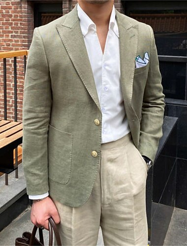  Мужской льняной пиджак, пляжная свадебная повседневная однобортная однобортная куртка с двумя пуговицами, армейско-зеленый светло-коричневый цвет, 2024