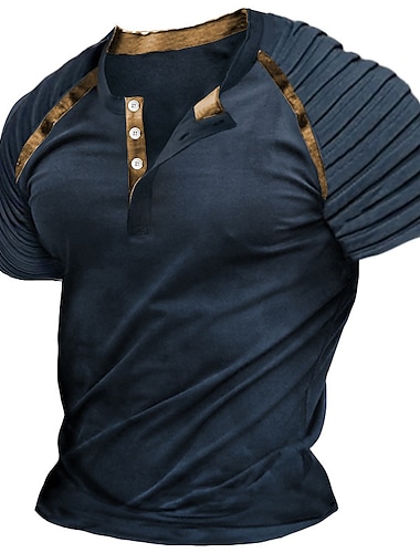  Муж. Рубашка Хенли футболка реглан Полотняное плетение Тонкий плиссированный Хенли на открытом воздухе Повседневные С короткими рукавами Пэчворк Плиссировка Одежда