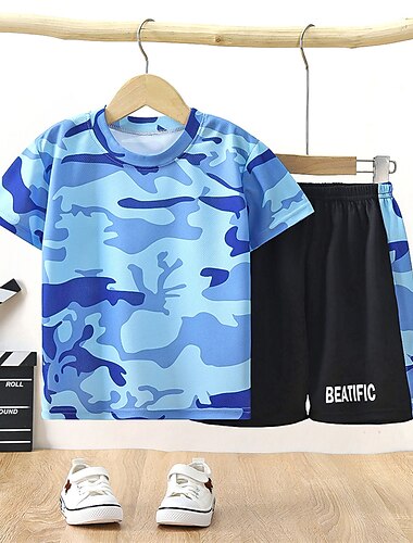  2 Stück Kinder Jungen T-Shirt & Shorts Outfit Kaninchen Tarnung Buchstabe Kurzarm Set Outdoor Urlaub Sport Cool Sommer Frühling 7-13 Jahre Rosa Blau Himmelblau