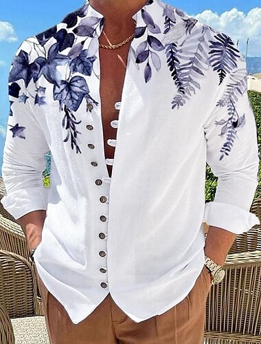  Herren Blätter Hemd Knopfhemd Langarm Modisch Designer Brautkleider schlicht Outdoor Urlaub Täglich Herbst Frühling Sommer Ständer Bedruckt Meerblau Weiß Rosa Rote Blau