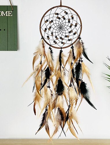  Atrapasueños marrón regalo hecho a mano pluma gancho flor carillón de viento con un círculo adorno colgante de pared decoración arte estilo boho 16x5 6 cm/6,2 ''x 22''