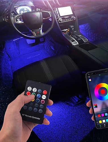  أضواء الجو الداخلي للسيارة RGB LED أضواء المزاج المحيط مصباح القدم مع تطبيق ولاعة السجائر للتحكم عن بعد