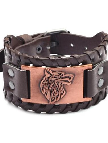  Breites Wikinger-Armband, antikes Silber, Wolfskopf-Muster, Armreif, PU-Manschette, Retro-Vintage-Mittelalter, für Männer und Frauen