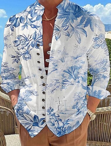  Per uomo Floreale Camicia Camicia con bottoni Manica lunga Di tendenza Originale Informale Da mare Giornaliero Per uscire Autunno Primavera estate Colletto alla coreana Stampa Rosso Blu Viola Verde