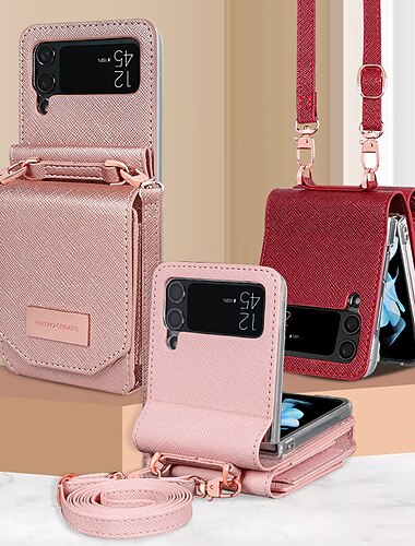  telefone Capinha Para Samsung Galaxy Z Virar 6 Z Flip 5 Z Flip 4 Z Flip 3 Bolsa Bolsa Capa para Cartão Wallet Virar com alça transversal removível Slots de suporte de cartão Cor Sólida PC Couro PU