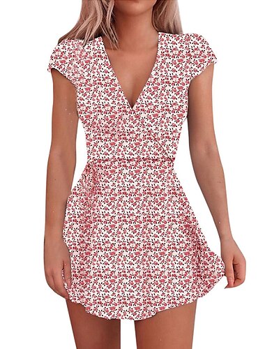 Damen Casual kleid Blumenkleid Minikleid Schwarz Marineblau Kurzarm Blumen Bedruckt Sommer Frühling V Ausschnitt Modisch Urlaub 2023 S M L XL