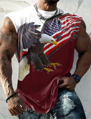  Veteranstag Herren Patriot Patriotic Veteran Grafik Farbblock Adler Nationalflagge Weste Top Ärmelloses T-Shirt für Männer Ärmelloses Cap Sleeve T-Shirt 3D Druck Rundhals Shirt Mode Designer