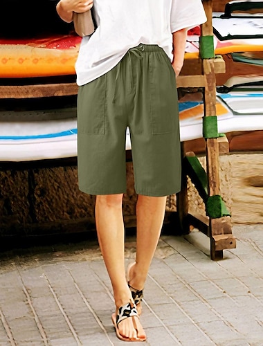  Mujer Pantalones de lino Bermudas Algodón y lino Bolsillos laterales Holgado Media cintura Longitud de la rodilla Negro