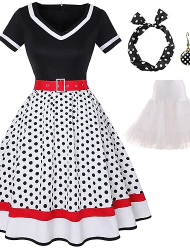  Retro Vintage 1950er Rockabilly Reifrock Krinoline A-Linie Kleid Tutu Tupfen Damen Party / Abend Maskerade Junggesellinnenabschiedsparty Erwachsene Kleid Ohrringe Kopfbedeckung Frühling & Sommer