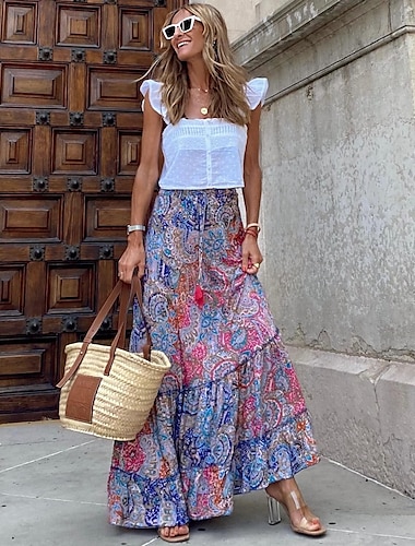  Women's A Line Swing Long Skirt Bohemia Maxi Skirts Print Floral Graphic Holiday Casual Daily Spring & Summer Polyester Fashion Bohemian Boho Pink