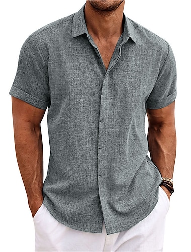  Homens Camisa Social camisa de linho Camisa casual camisa de verão camisa de praia camisa de botão Preto Branco Rosa Manga Curta Tecido Lapela Verão Casual Diário Roupa