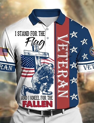  Herr Veteraner Patriotisk Pikétröjor Golftröja Kortärmad Polotröjor Skjortor med krage Ledigt Streetwear Semesterkläder Festkläder Knappar 3D-utskrift Vin Marinblå Blå