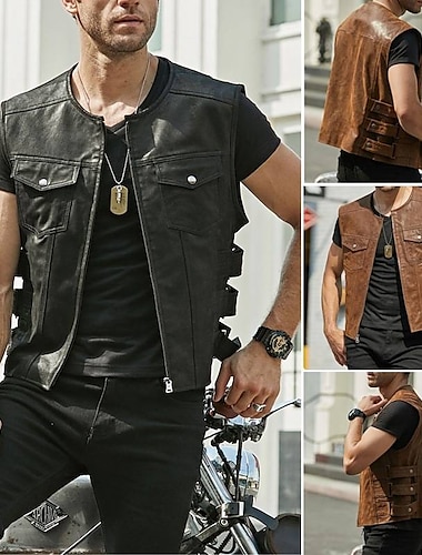  בגדי ריקוד גברים וסט Gilet לבוש יומיומי חופשה ליציאה אופנתי בסיסי קיץ & אביב כיס קדמי פוליאסטר עור PU נוח אחיד רוכסן קארדיגן צווארון עגול קצר רגיל שחור חום אֵפוֹד