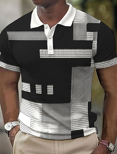  Homme Plaid Chemises Polo Gaufre Chemise de golf Manche Courte Polos Chemises à Col ancien Occasionnel Vêtements de vacances Tenue formelle Vêtements de festival Boutons Impression 3D Noir Rose
