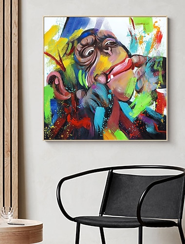  Handgefertigtes Ölgemälde auf Leinwand, Wandkunst, Dekoration, modernes abstraktes Tier, grinsend, bunter Orang-Utan für Wohnkultur, gerolltes, rahmenloses, ungedehntes Gemälde
