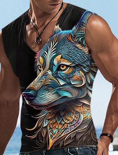 Herren Graphic Tier Tank Top Shirt Ärmelloses T-Shirt für Männer Ärmellos T-Shirt 3D-Druck V Ausschnitt Hemd Designer Brautkleider schlicht Muskel Sport Laufen Fitnessstudio Schwarz Blau Dunkelblau