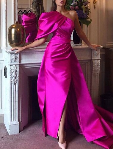  Mermaid / Trumpet Evening Gown Sexy Dress Summer Court Train Sleeveless One Shoulder Fall Wedding Reception Satin with Ruched Slit 2024