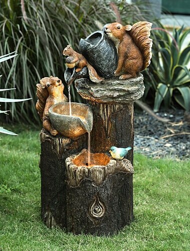  Gartenstatue, Solarleuchten, Tier-Gartenstatue mit Solar-LED-Leuchten, Kunstharz-Ente, Eichhörnchen, Springbrunnen-Statue für Terrassendekoration im Freien