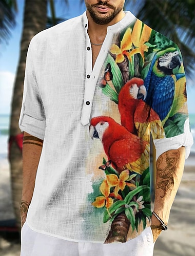  Homens Estampas Abstratas Papagaio Camisa Social Camiseta Aloha Manga Longa Camisa Colarinho Chinês Ao ar livre Rua Branco Rosa Azul Verde Imprimir Roupa Moda Roupa de rua Designer Casual